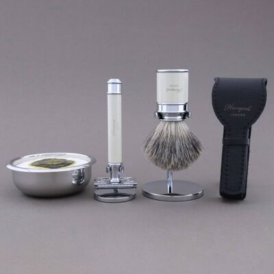 Kit da barba Haryali's Drum Range - Avorio - Super Badger - Rasoio di sicurezza Double Edge