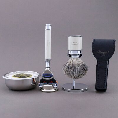 Kit de afeitado de la gama Drum de Haryali - Marfil - Super Badger - Maquinilla de afeitar de 5 filos