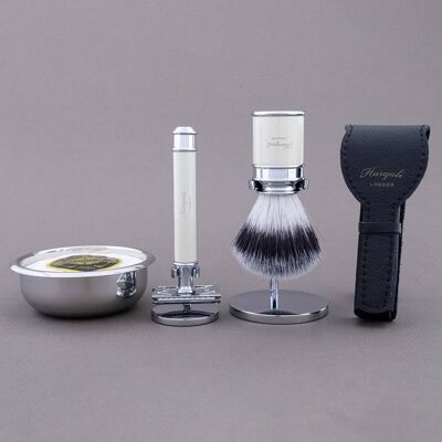 Haryali's Drum Range Shaving Kit - Ivory - Synthetic Silver Tip - Double Edge Safety Razor