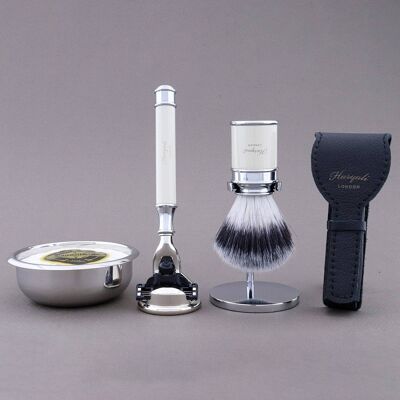 Kit de afeitado Drum Range de Haryali - Marfil - Punta plateada sintética - Maquinilla de afeitar de 3 filos