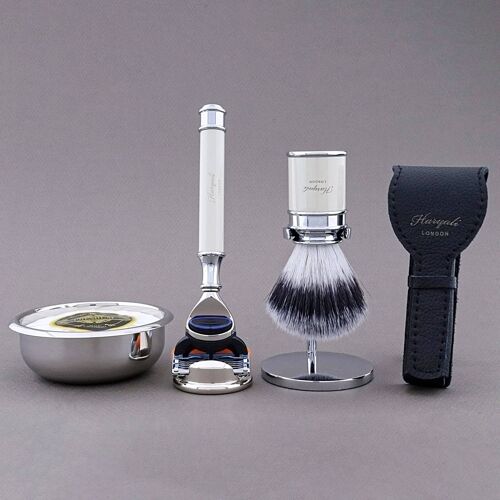 Haryali's Drum Range Shaving Kit - Ivory - Synthetic Silver Tip - 5 Edge Razor