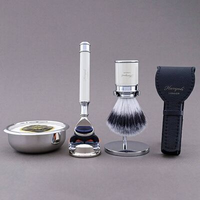 Kit de afeitado de la gama Drum de Haryali - Marfil - Punta de plata sintética - Maquinilla de afeitar de 5 filos