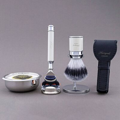 Haryali's Drum Range Shaving Kit - Ivory - Synthetic Silver Tip - 5 Edge Razor