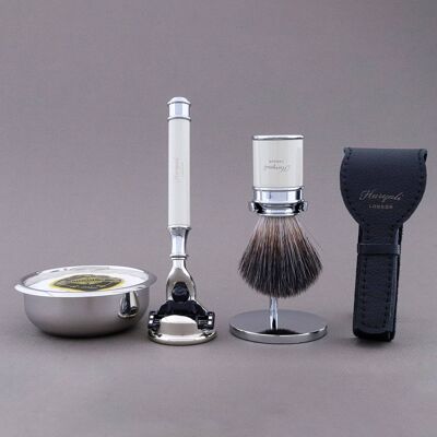 Kit de afeitado Drum Range de Haryali - Marfil - Negro sintético - Maquinilla de afeitar de 3 filos