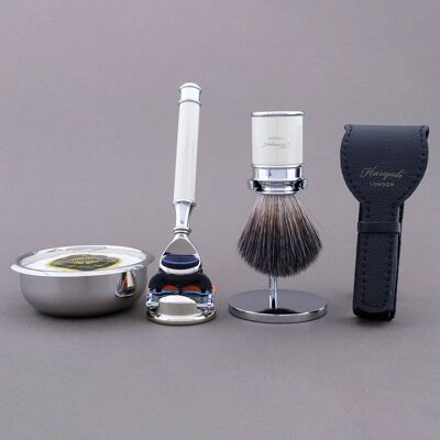 Kit de afeitado Drum Range de Haryali - Marfil - Negro sintético - Maquinilla de afeitar de 5 filos