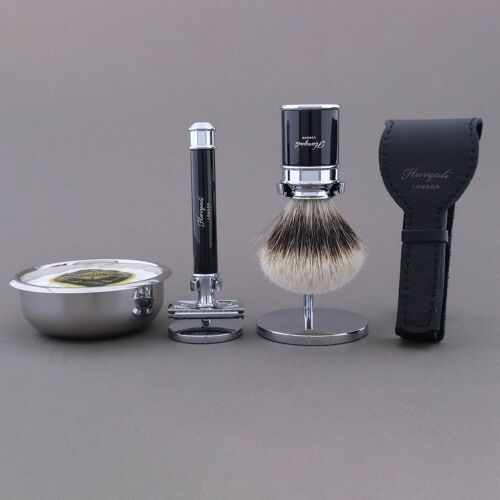 Haryali's Drum Range Shaving Kit - Black - Silver Tip Badger - Double Edge Safety Razor