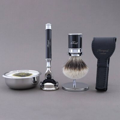 Kit da barba Haryali's Drum Range - Nero - Silver Tip Badger - Rasoio a 3 bordi