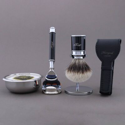 Kit de afeitado Drum Range de Haryali - Negro - Tejón de punta plateada - Maquinilla de afeitar de 5 filos