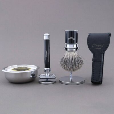 Kit de afeitado Drum Range de Haryali - Negro - Super Badger - Maquinilla de afeitar de seguridad de doble filo