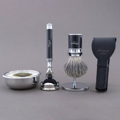 Kit de afeitado Drum Range de Haryali - Negro - Super Badger - Maquinilla de afeitar de 3 filos