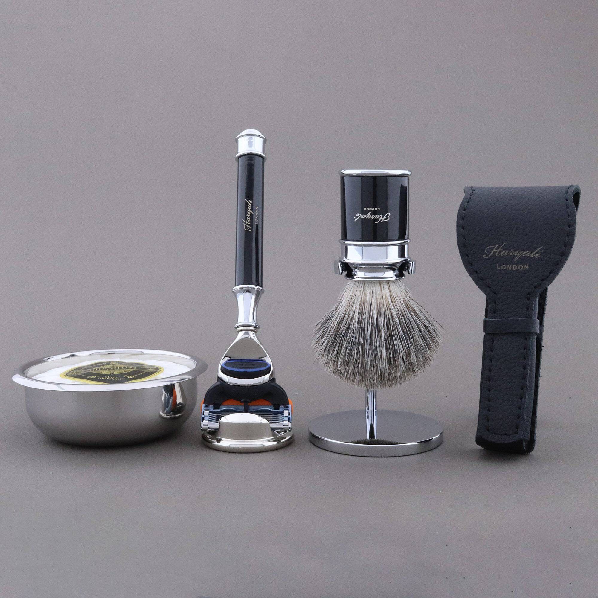 Kit da barba Haryali s Drum Range Nero Super Badger Rasoio a 5 bordi