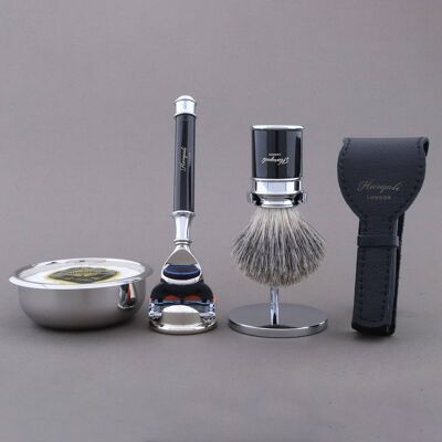 Kit de afeitado Drum Range de Haryali - Negro - Super Badger - Maquinilla de afeitar de 5 filos