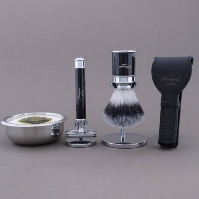 Haryali's Drum Range Shaving Kit - Black - Synthetic Silver Tip - Double Edge Safety Razor