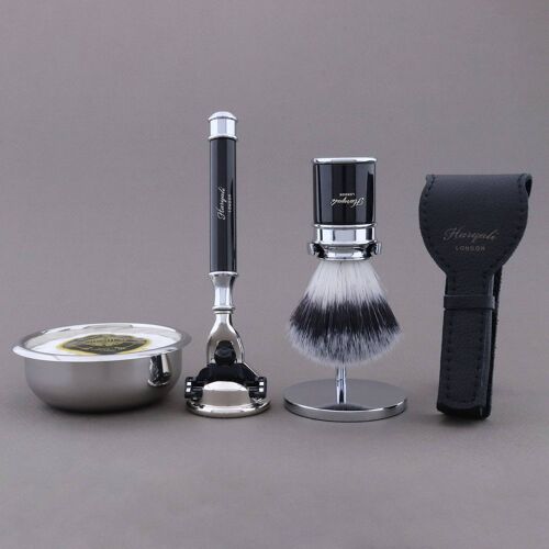 Haryali's Drum Range Shaving Kit - Black - Synthetic Silver Tip - 3 Edge Razor