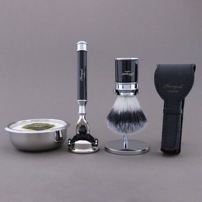 Kit de afeitado Drum Range de Haryali - Negro - Punta plateada sintética - Maquinilla de afeitar de 3 filos