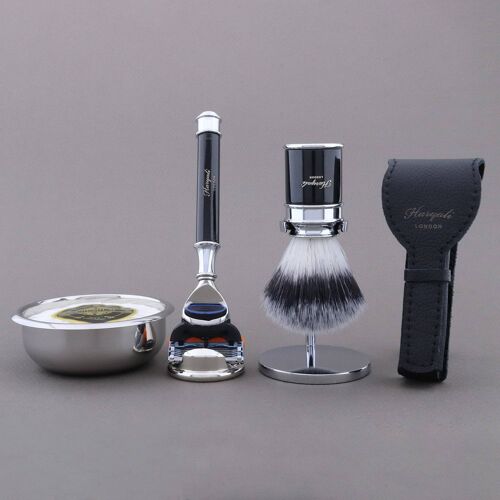 Haryali's Drum Range Shaving Kit - Black - Synthetic Silver Tip - 5 Edge Razor