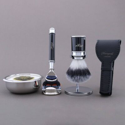 Haryali's Drum Range Shaving Kit - Black - Synthetic Silver Tip - 5 Edge Razor