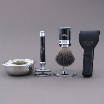Kit de afeitado Drum Range de Haryali - Negro - Negro sintético - Maquinilla de afeitar de seguridad de doble filo