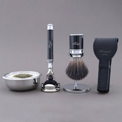 Kit de afeitado Drum Range de Haryali - Negro - Negro sintético - Maquinilla de afeitar de 3 filos