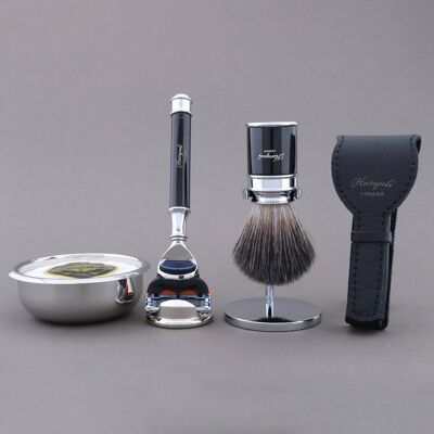 Kit de afeitado Drum Range de Haryali - Negro - Negro sintético - Maquinilla de afeitar de 5 filos
