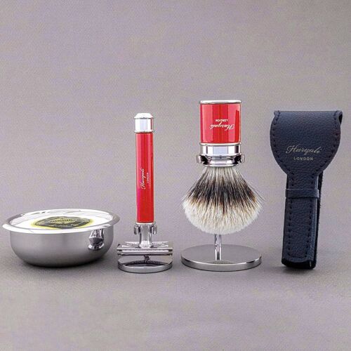 Haryali's Drum Range Shaving Kit - Red - Silver Tip Badger - Double Edge Safety Razor