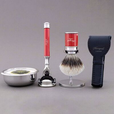 Kit de afeitado Drum Range de Haryali - Rojo - Tejón de punta plateada - Maquinilla de afeitar de 3 filos