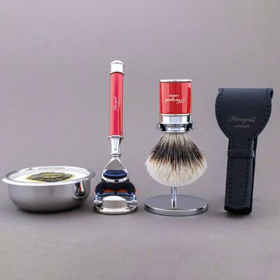 Kit de afeitado Drum Range de Haryali - Rojo - Tejón de punta plateada - Maquinilla de afeitar de 5 filos