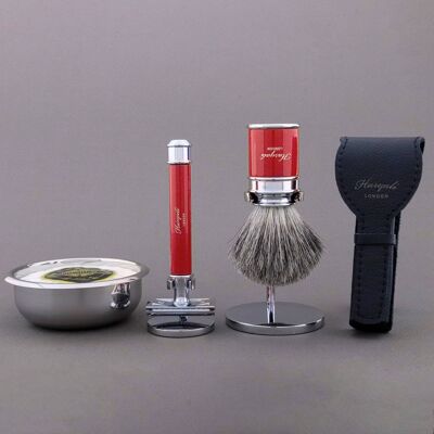 Kit de afeitado de la gama Drum de Haryali - Rojo - Super Badger - Maquinilla de afeitar de seguridad de doble filo