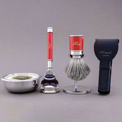 Kit de afeitado Drum Range de Haryali - Rojo - Super Badger - Maquinilla de afeitar de 5 filos