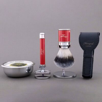 Kit de afeitado Drum Range de Haryali - Rojo - Punta de plata sintética - Maquinilla de afeitar de seguridad de doble filo