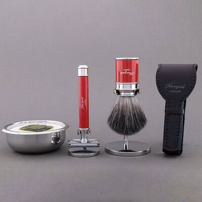 Kit de afeitado de la gama Drum de Haryali - Rojo - Negro sintético - Maquinilla de afeitar de seguridad de doble filo