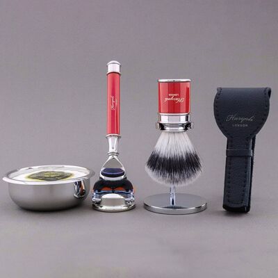 Kit de afeitado Drum Range de Haryali - Rojo - Punta plateada sintética - Maquinilla de afeitar de 5 filos