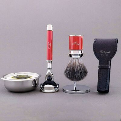 Kit de afeitado Drum Range de Haryali - Rojo - Negro sintético - Maquinilla de afeitar de 3 filos