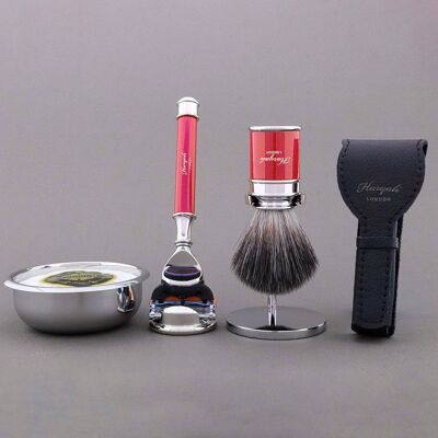 Kit da barba Haryali's Drum Range - Rosso - Nero sintetico - Rasoio a 5 bordi