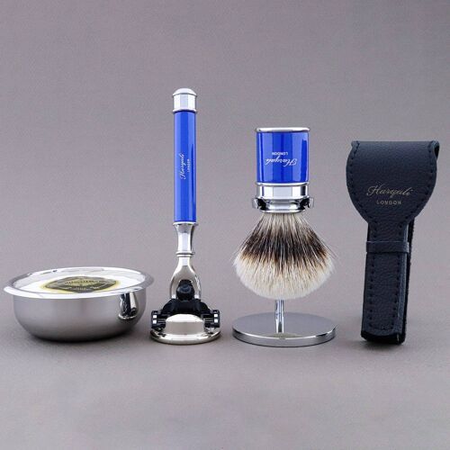 Haryali's Drum Range Shaving Kit - Blue - Silver Tip Badger - 3 Edge Razor