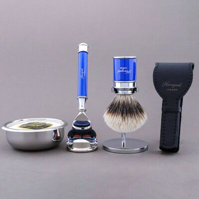 Kit de afeitado Drum Range de Haryali - Azul - Tejón de punta plateada - Maquinilla de afeitar de 5 filos