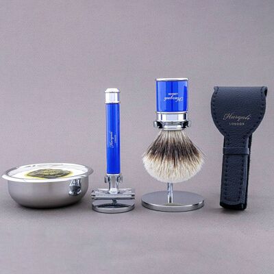 Kit de afeitado de la gama de tambores de Haryali, azul, tejón de punta plateada, maquinilla de afeitar de seguridad de doble filo