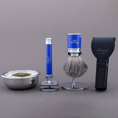 Kit de afeitado Drum Range de Haryali - Azul - Super Badger - Maquinilla de afeitar de seguridad de doble filo