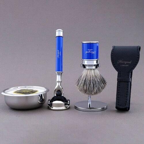 Haryali's Drum Range Shaving Kit - Blue - Super Badger - 3 Edge Razor