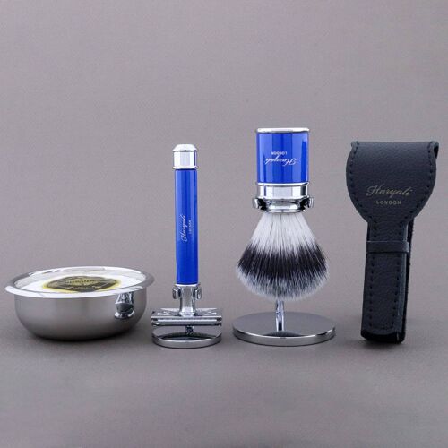 Haryali's Drum Range Shaving Kit - Blue - Synthetic Silver Tip - Double Edge Safety Razor