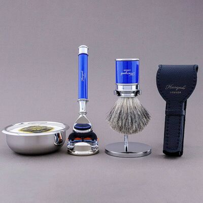 Kit de afeitado Drum Range de Haryali - Azul - Super Badger - Maquinilla de afeitar de 5 filos