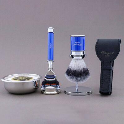 Kit de afeitado Drum Range de Haryali - Azul - Punta de plata sintética - Maquinilla de afeitar de 5 filos