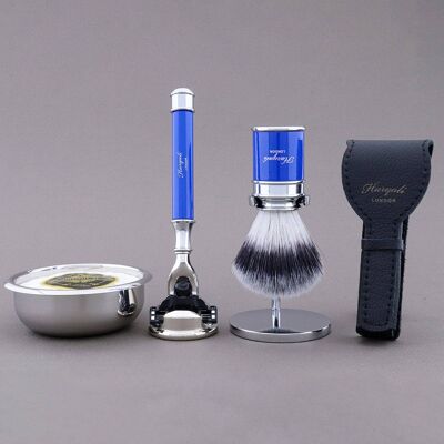 Kit de afeitado Drum Range de Haryali - Azul - Punta de plata sintética - Maquinilla de afeitar de 3 filos