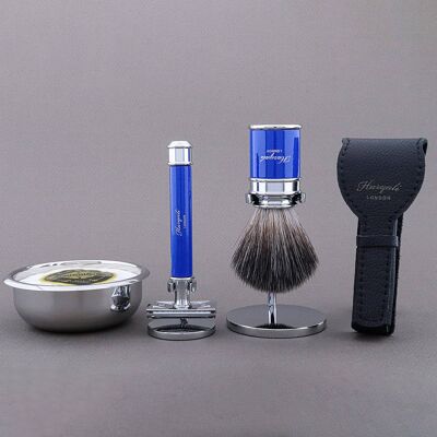 Kit de afeitado Drum Range de Haryali - Azul - Negro sintético - Maquinilla de afeitar de seguridad de doble filo