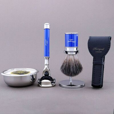 Kit de afeitado Drum Range de Haryali - Azul - Negro sintético - Maquinilla de afeitar de 3 filos