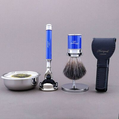 Haryali's Drum Range Shaving Kit - Blue - Synthetic Black - 3 Edge Razor