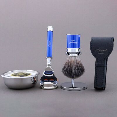 Kit da barba Haryali's Drum Range - Blu - Nero sintetico - Rasoio a 5 bordi