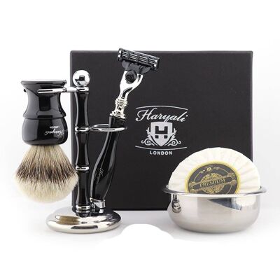 Kit de afeitado Haryali's Glory Range - Negro - Silver Tip Badger - Maquinilla de afeitar de 3 filos