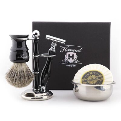 Kit de afeitado Haryali's Glory Range - Negro - Super Badger - Maquinilla de afeitar de seguridad de doble filo