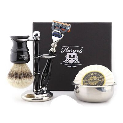 Kit da barba Haryali's Glory Range - Nero - Tasso con punta argentata - Rasoio a 5 bordi